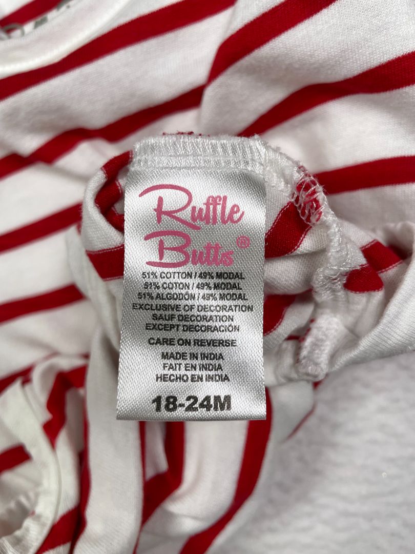 18-24 mo, Ruffle Butts, White, Red striped long-sleeve bodysuit, ruffles on cuffs