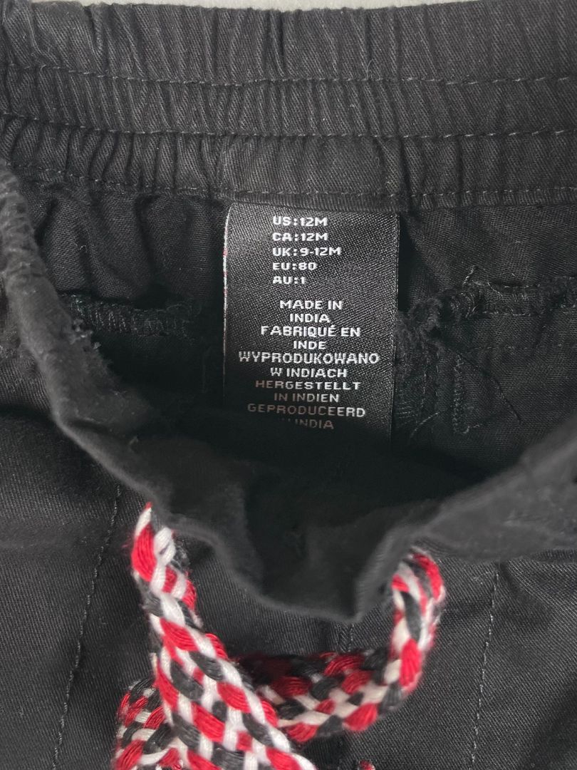 12 mo, TJX, Black, Cotton pull-on pants, decorative red/white tie