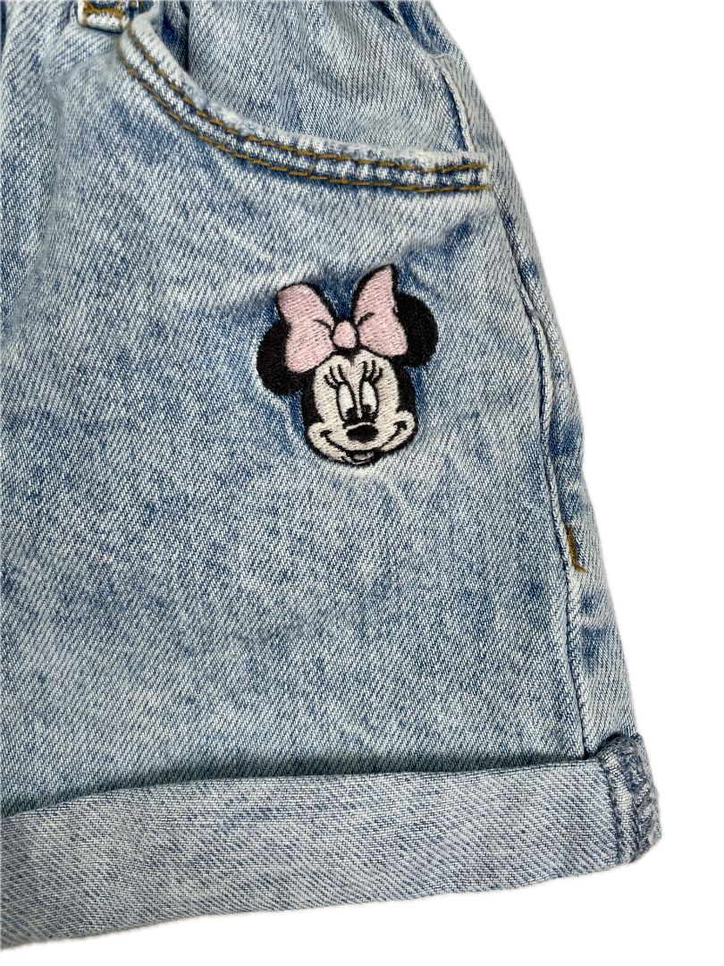 4-5, Zara, Blue, Mickey & Minnie Mouse paper bag denim shorts, elastic waist + zip/snap