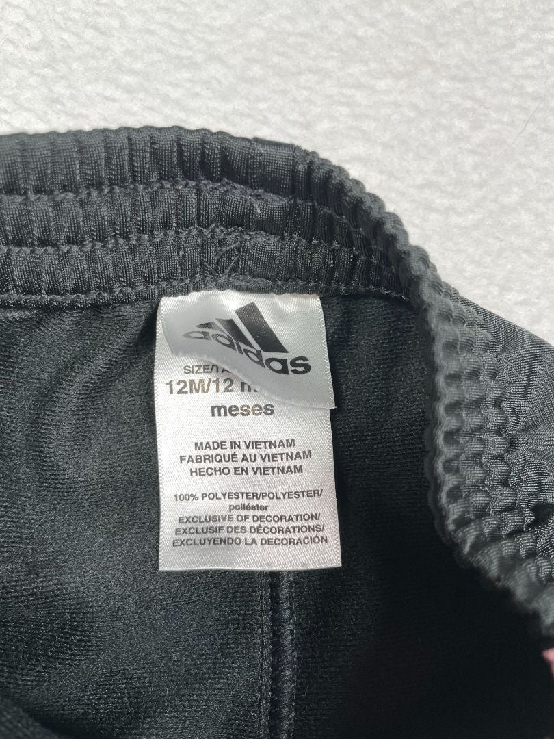 12 mo, Adidas, Black, Pull-on active pants, pink tri-stripes on sides