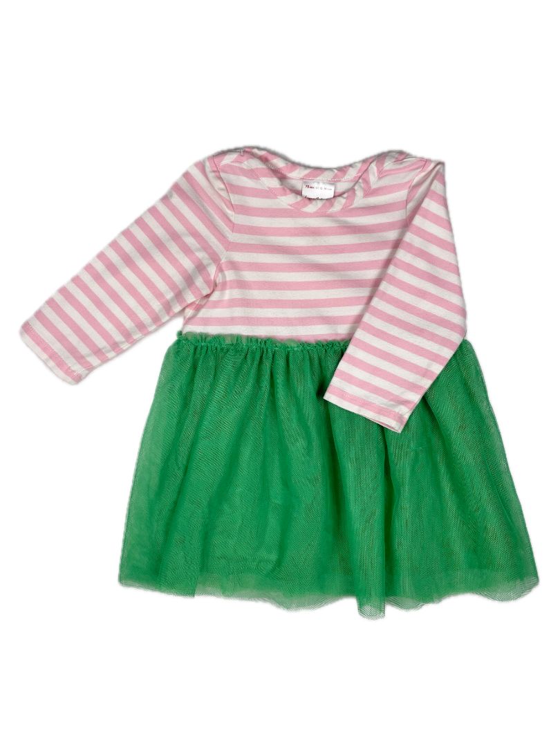 12-18 mo Hanna Andersson, Multi, Long-sleeve pink striped dress w/ green tulle skirt