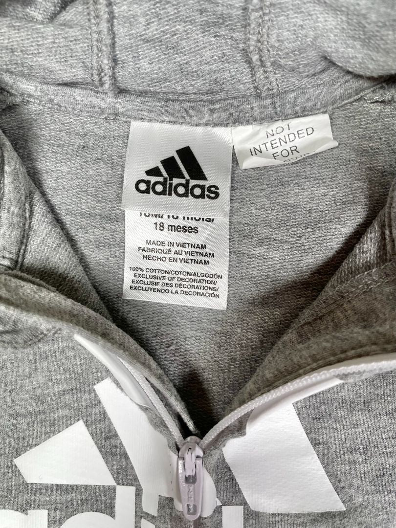 18 mo, Adidas, Grey, Hooded zip-up coverall, white logo and hood stripes