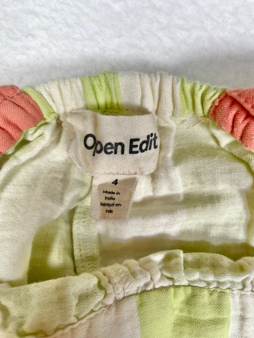 4/4T, Open Edit, Cream, Wide-leg green wide vertical striped pull-on jumpsuit, coral bow straps, pockets