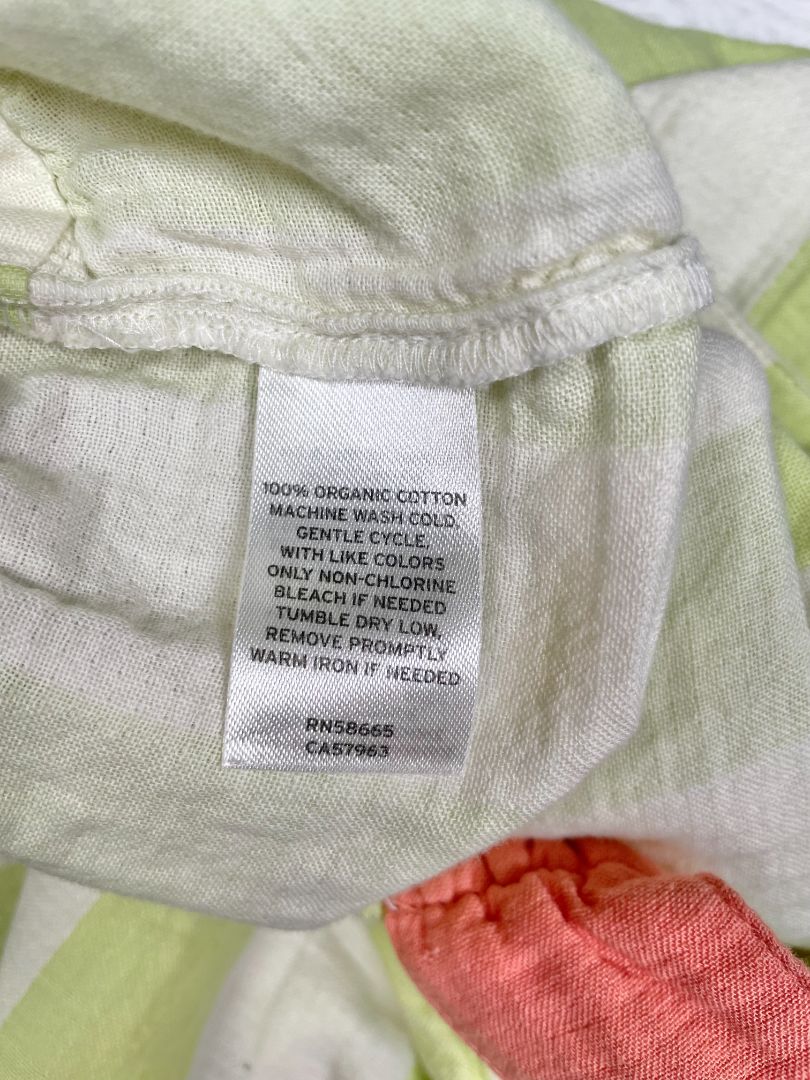 4/4T, Open Edit, Cream, Wide-leg green wide vertical striped pull-on jumpsuit, coral bow straps, pockets