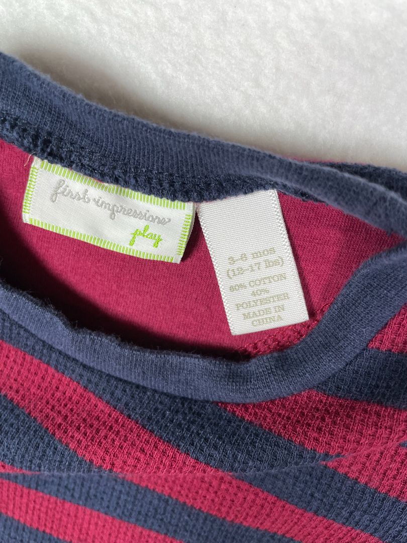 3-6 mo, First Impressions, Blue, Red striped long-sleeve waffle-knit shirt