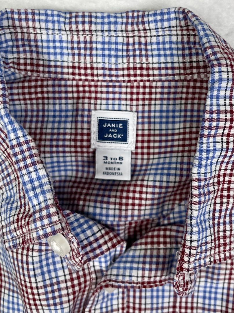 3-6 mo, Janie and Jack, Blue, Blue/red plaid long-sleeve button-up bodysuit