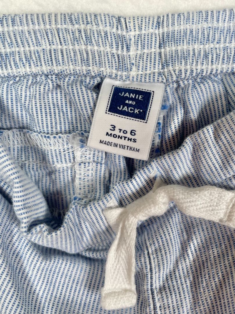 3-6 mo, Janie and Jack, Blue, Pull-on striped cotton pants, buttoned cuffs, decorative tie