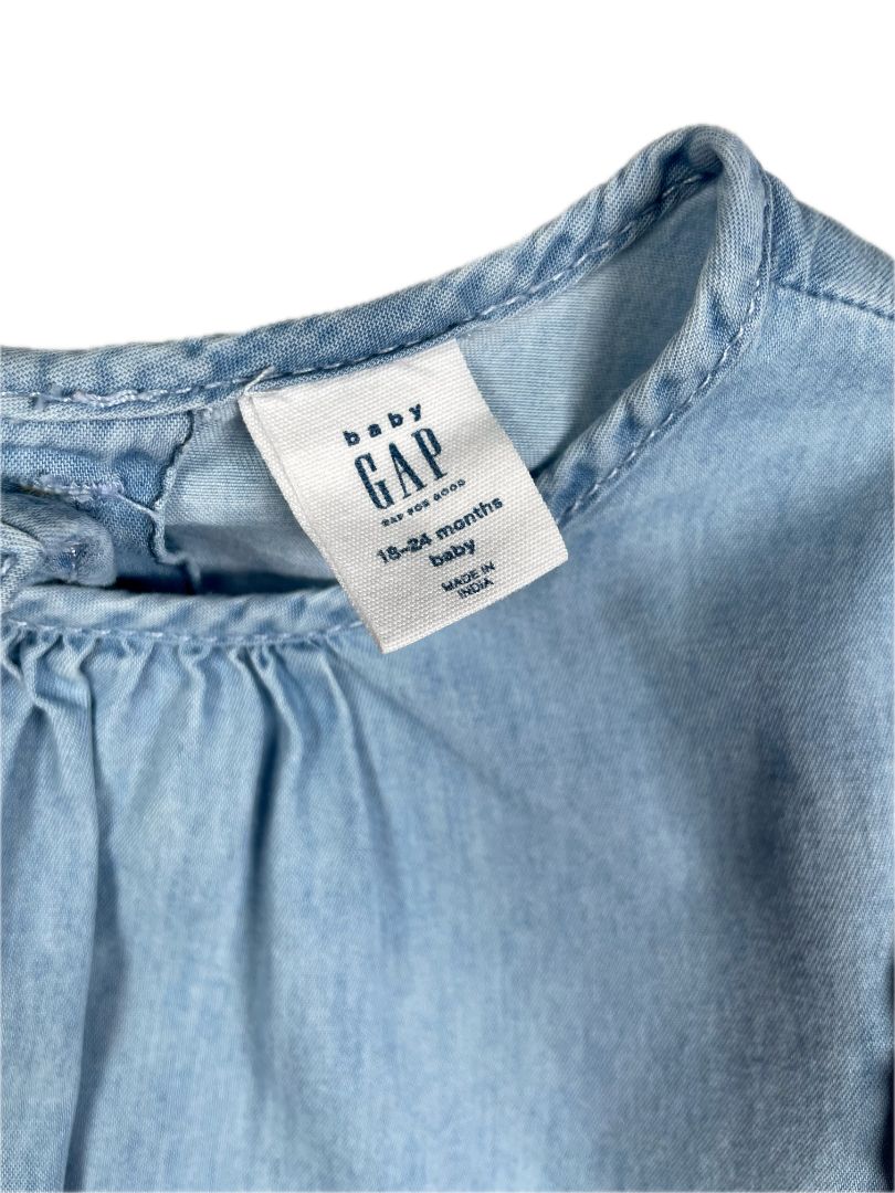 18-24 mo, babyGap, Blue, Chambray long-sleeve shirt, ruffles at shoulders