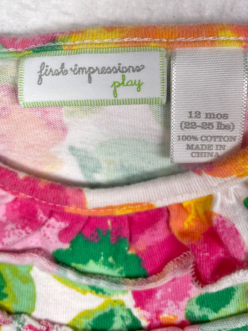 12 mo, First Impressions, White, Floral sleeveless dress, ruffles at collar and hem