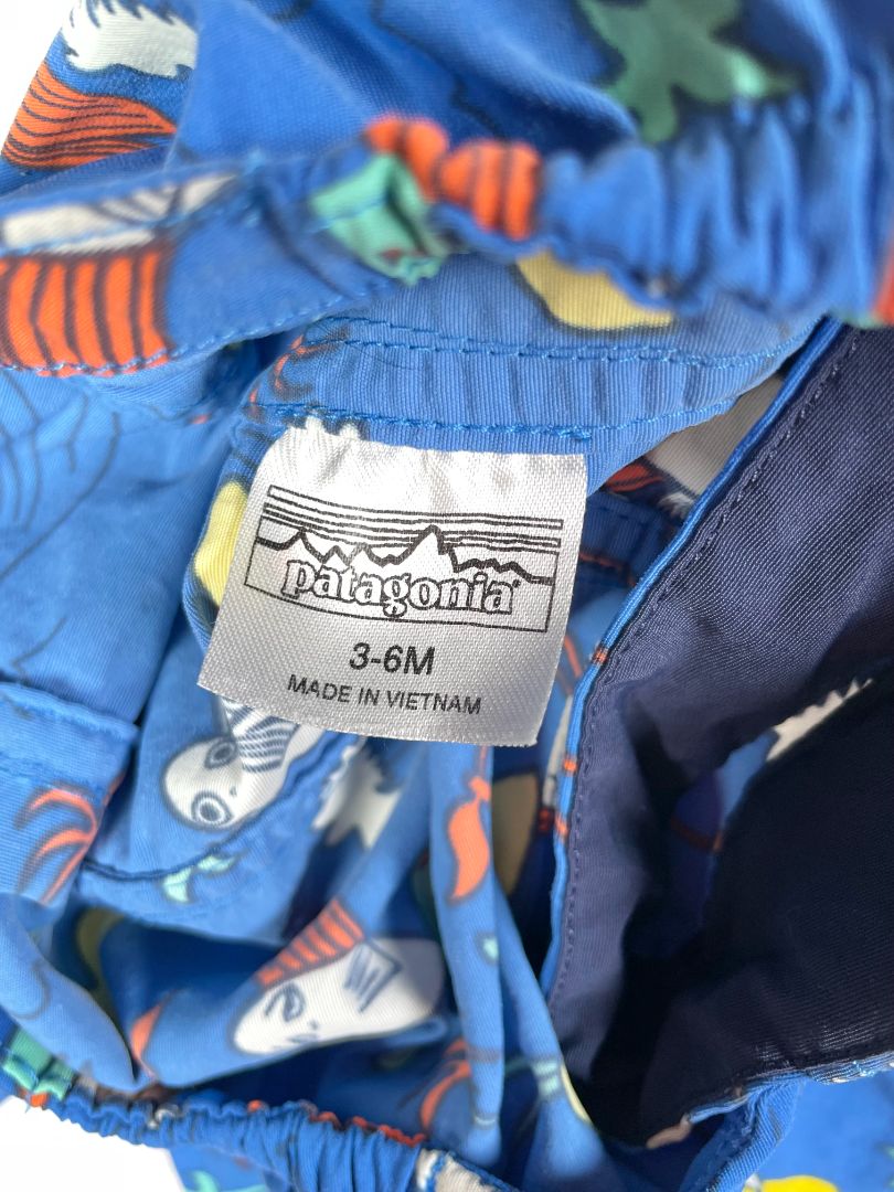 3-6 mo, Patagonia, Blue, Surfing fish zip-up lightweight jacket, removable hood