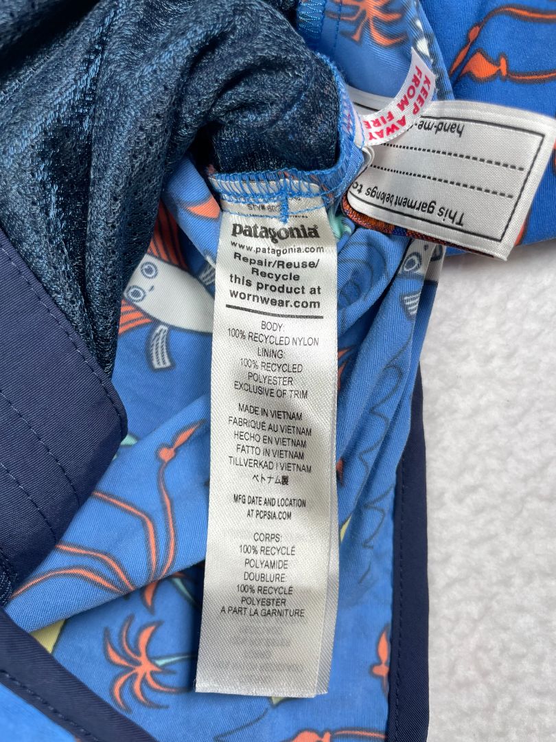 3-6 mo, Patagonia, Blue, Surfing fish zip-up lightweight jacket, removable hood
