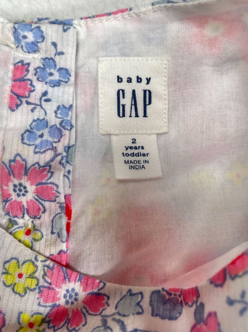2/2T, babyGap, White, Floral drop-waist, long-sleeve dress w/ side ruffle, blue/pink/yellow