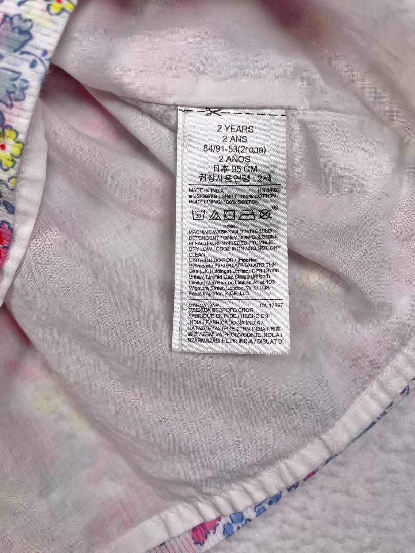 2/2T, babyGap, White, Floral drop-waist, long-sleeve dress w/ side ruffle, blue/pink/yellow