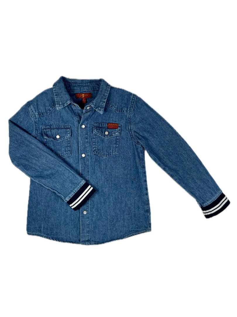 4/4T 7 for All Mankind, Blue, Long-sleeve dark chambray shirt w/ pearl snaps, banded cuffs