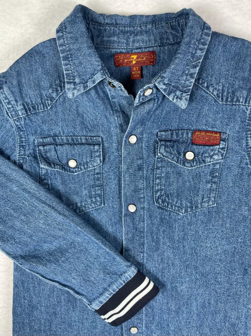 4/4T 7 for All Mankind, Blue, Long-sleeve dark chambray shirt w/ pearl snaps, banded cuffs