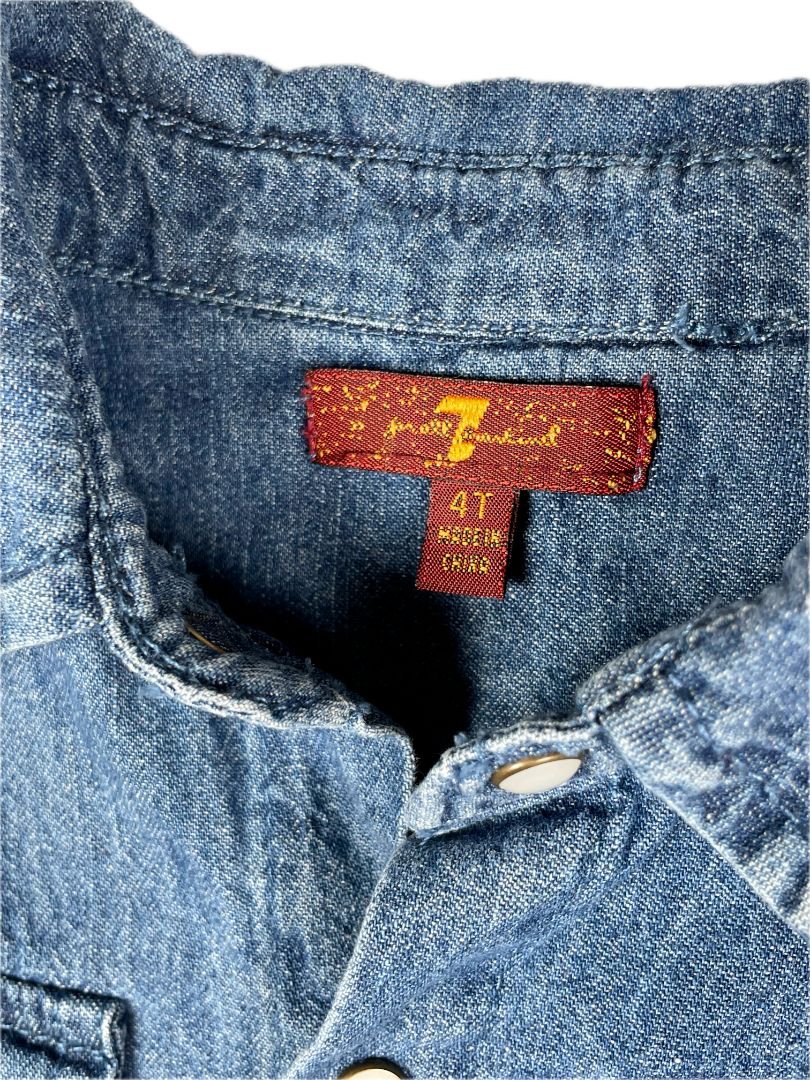 4/4T 7 for All Mankind, Blue, Long-sleeve dark chambray shirt w/ pearl snaps, banded cuffs