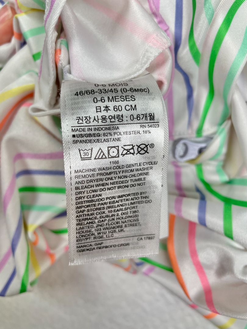 0-6 mo babyGap, White, Rainbow stripe long-sleeve one-piece swim suit, snap short bottom