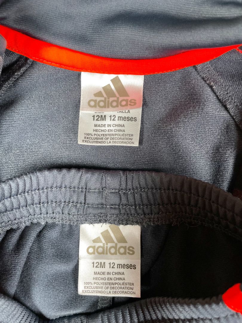 12 mo, Adidas, Grey, Neon stripe track suit, zip-up jacket + pull-on pants SET