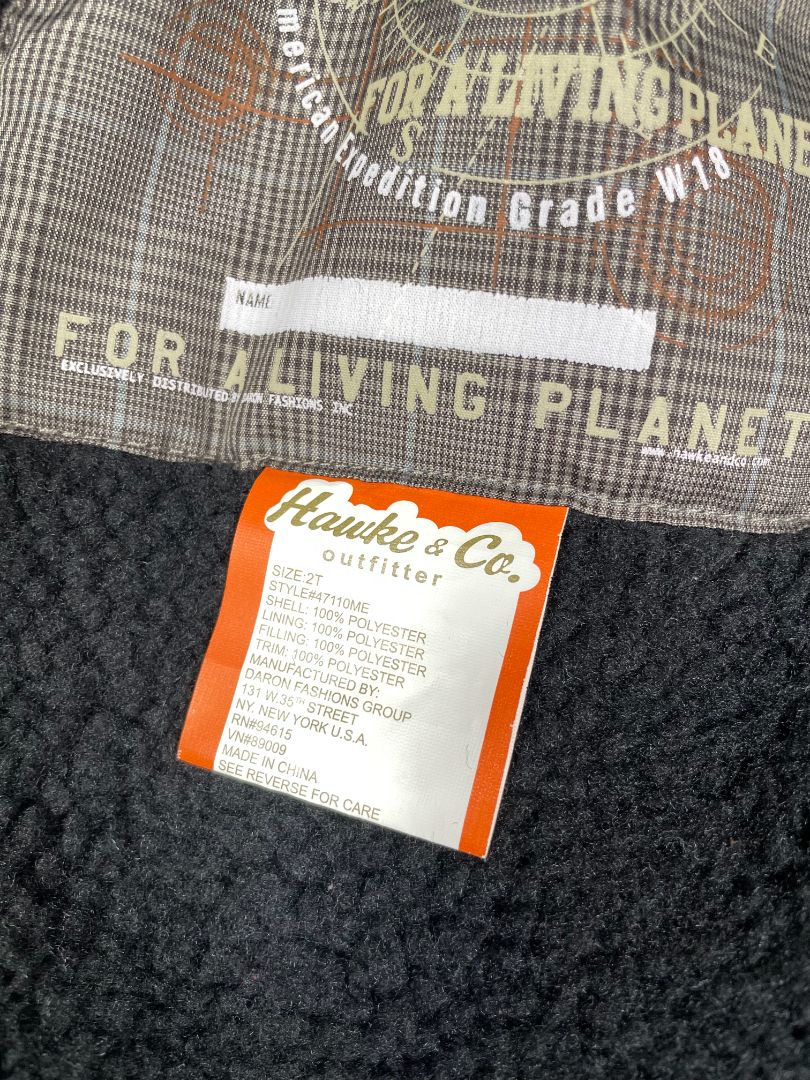 2/2T, Hawke & Co., Brown, Plaid winter coat, removable hood, fleece lined, adjustable inner waistband