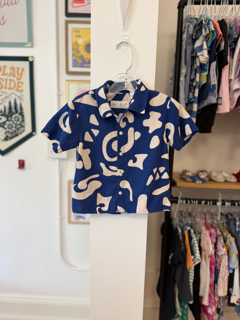 18 mo, Zara, Blue, Abstract white print short-sleeve button-down shirt