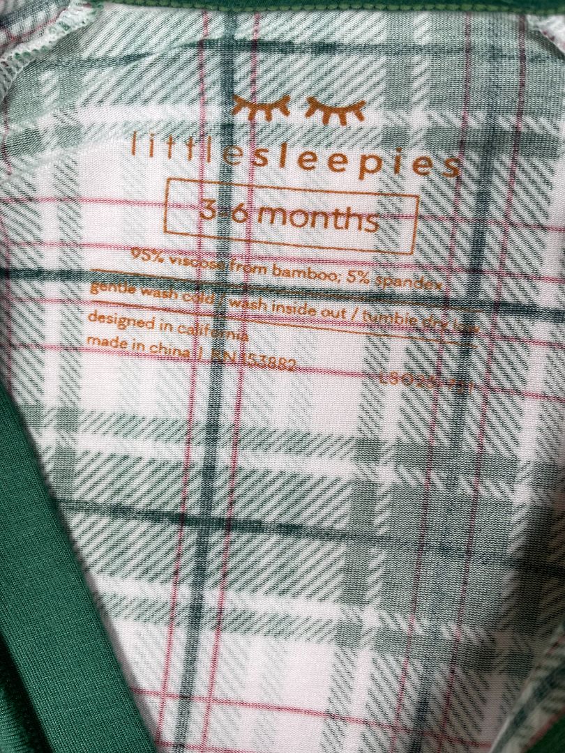 3-6 mo Little Sleepies, Green, Plaid ultra-soft bamboo Zippy pajamas/sleeper, fold-over mittens & foot cuffs
