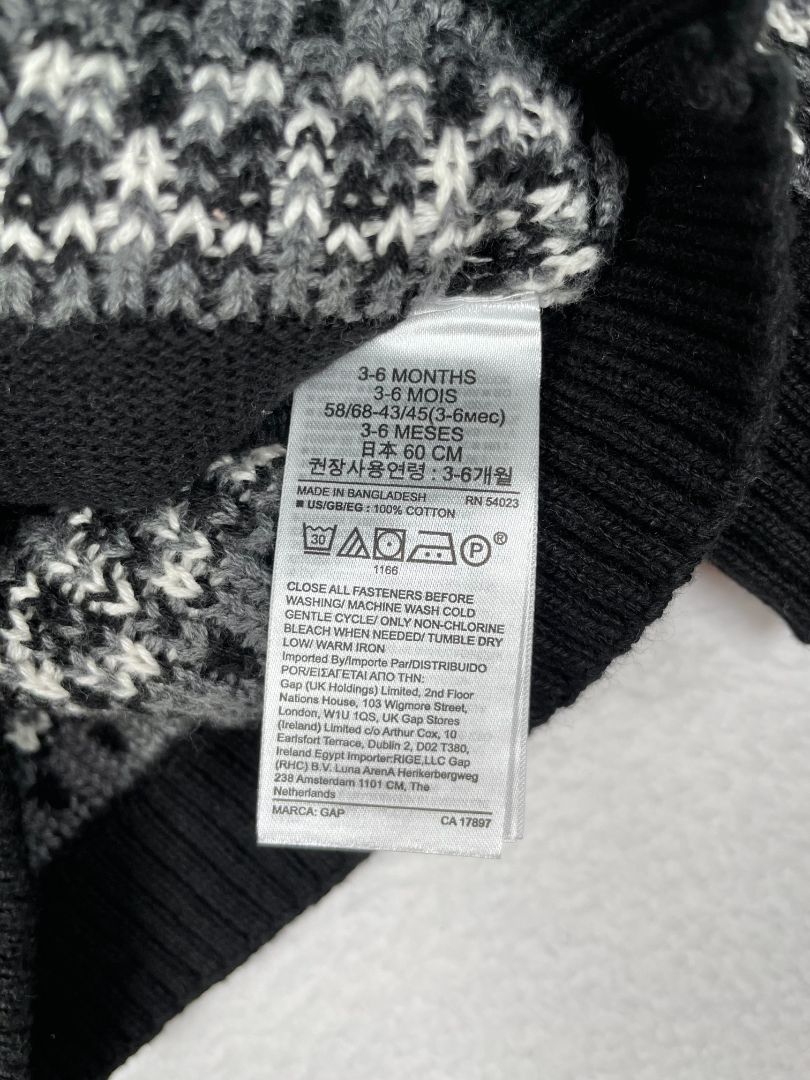 3-6 mo babyGap, Black, Fair isle shawl collar button-up cardigan, blk/white/grey