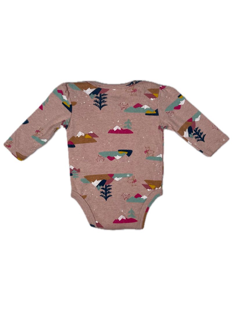 3 mo, Carter's, Pink, Mountain/winter animal print long-sleeve bodysuit, pink bow