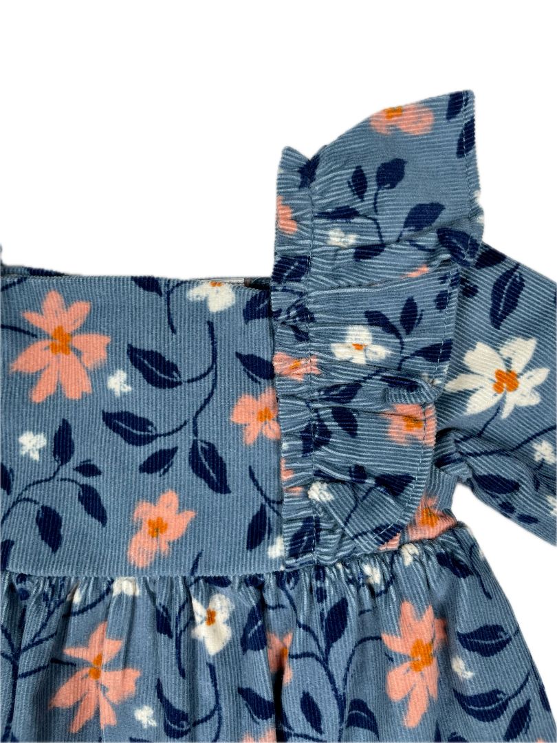 Newborn, Carter's, Blue, Long-sleeve corduroy floral dress w/ ruffle shoulders + diaper cover SET