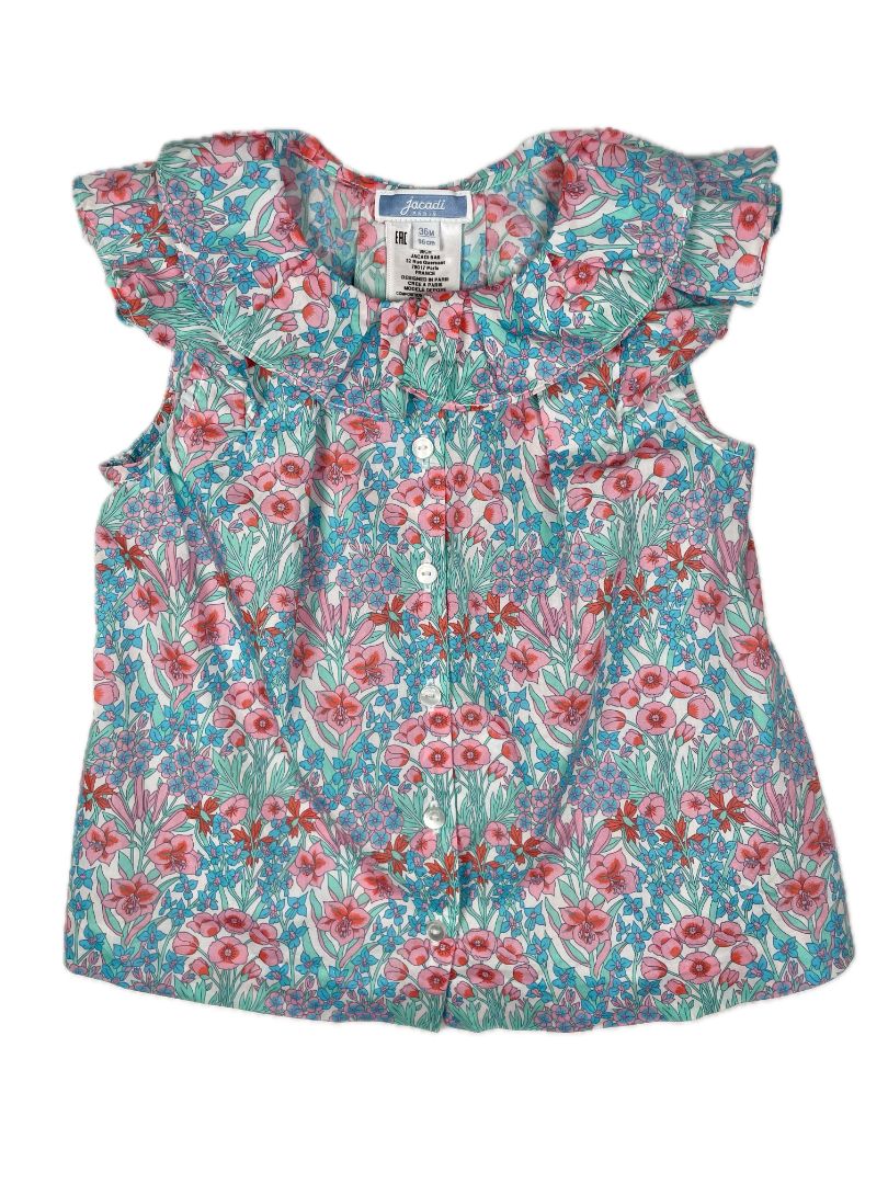 36 mo, Jacadi, Multi-color, Sleeveless, spring floral cotton blouse, button-up/collared, blue/pink/green