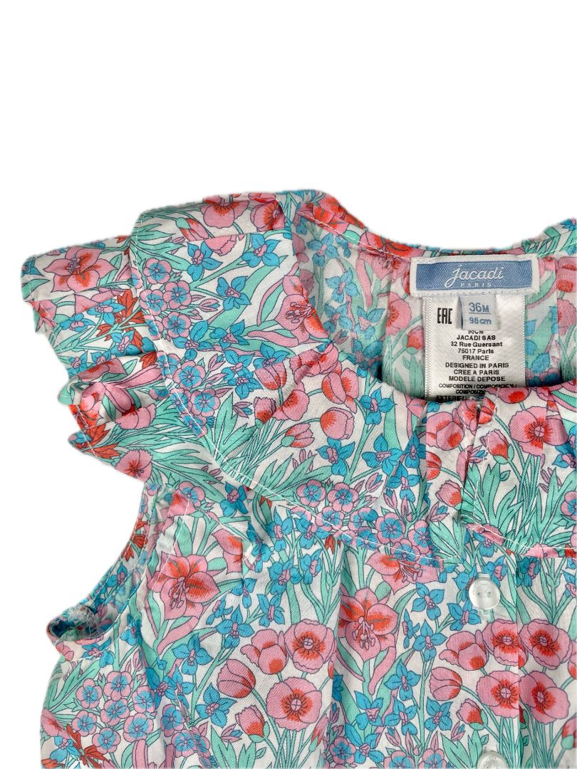 36 mo, Jacadi, Multi-color, Sleeveless, spring floral cotton blouse, button-up/collared, blue/pink/green