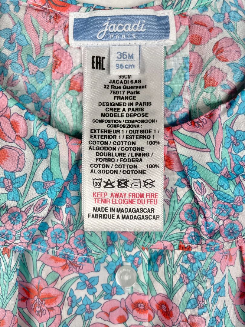 36 mo, Jacadi, Multi-color, Sleeveless, spring floral cotton blouse, button-up/collared, blue/pink/green