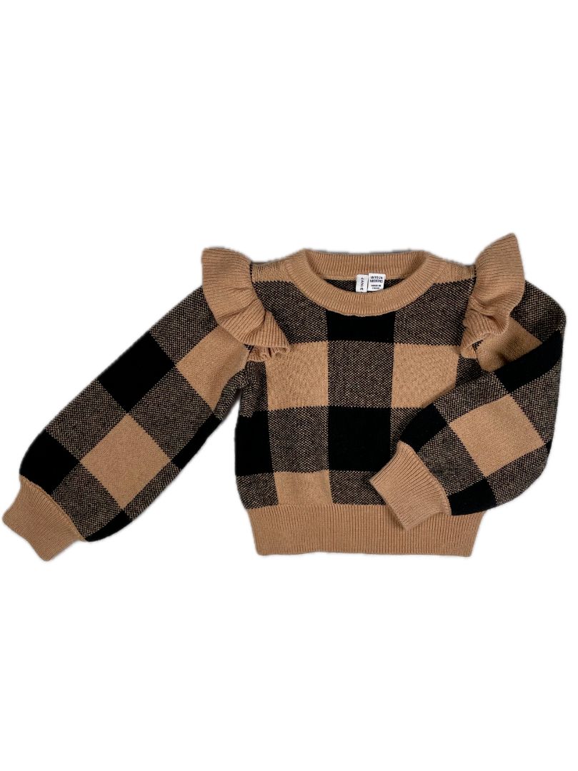 18-24 mo, Janie and Jack, Brown, Knit large gingham sweater w/ ruffles at shoulders, tan/black