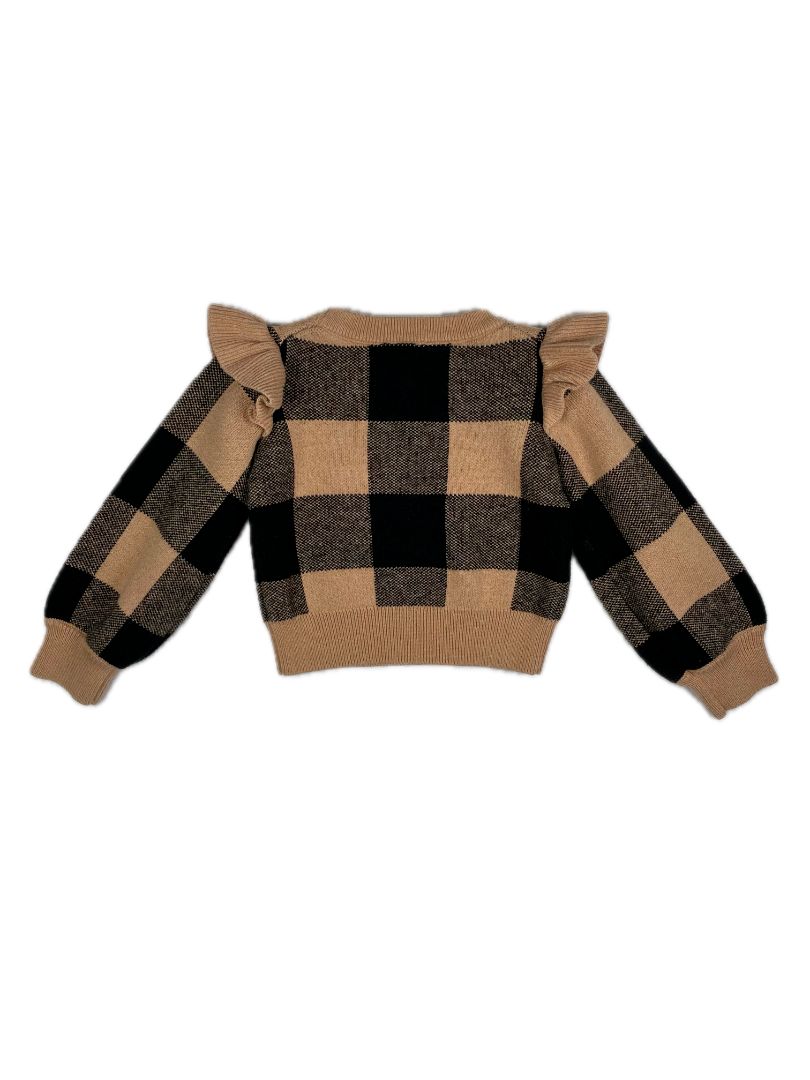 18-24 mo, Janie and Jack, Brown, Knit large gingham sweater w/ ruffles at shoulders, tan/black