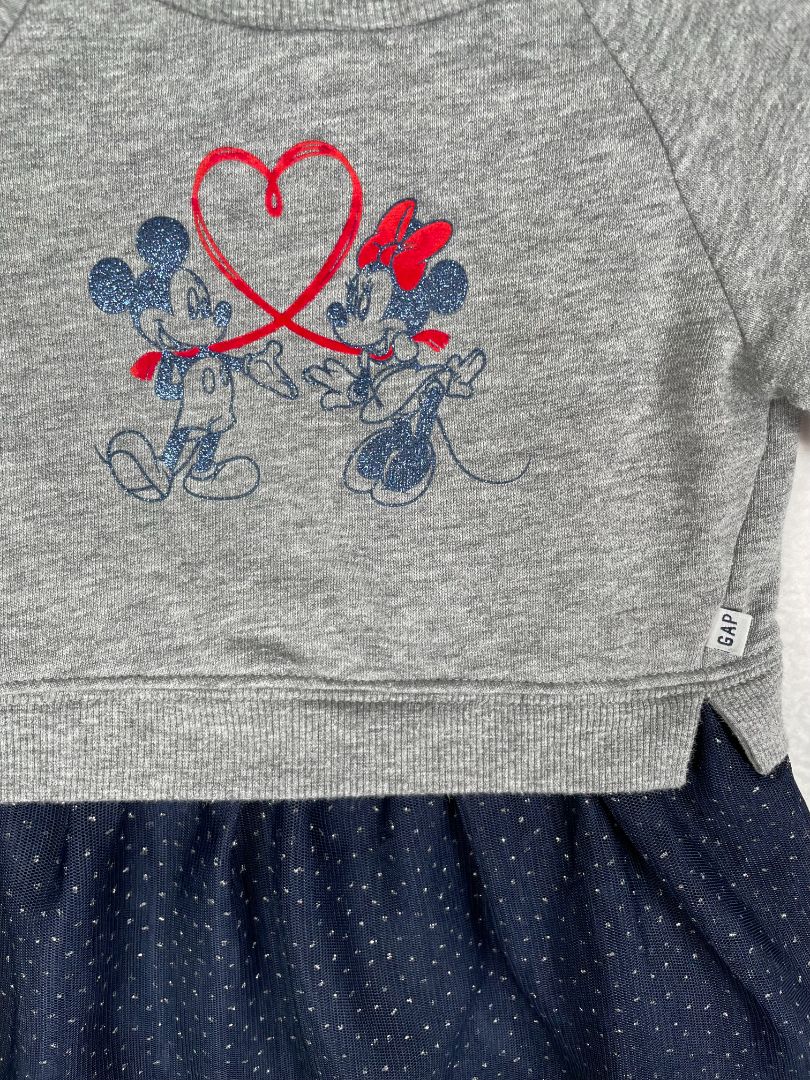 18-24 mo, babyGap, Grey, Sweatshirt-top Mickey & Minnie dress w/ navy & silver polka-dot tulle skirt