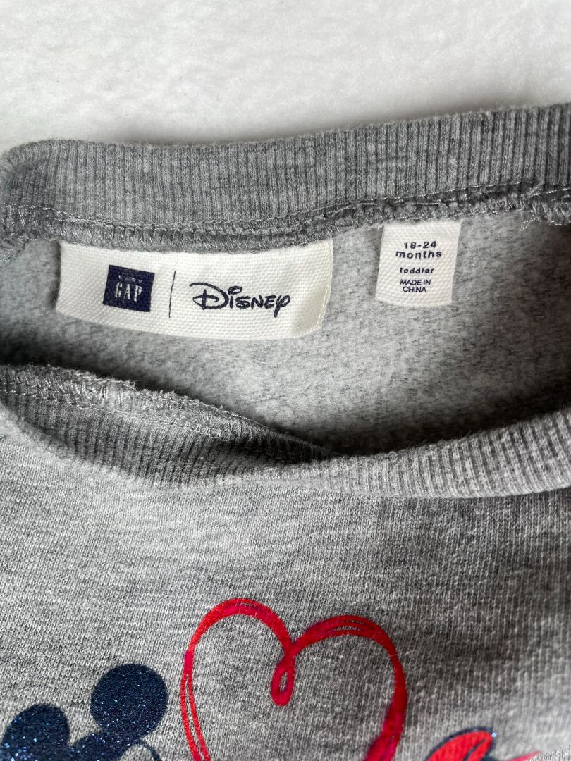 18-24 mo, babyGap, Grey, Sweatshirt-top Mickey & Minnie dress w/ navy & silver polka-dot tulle skirt