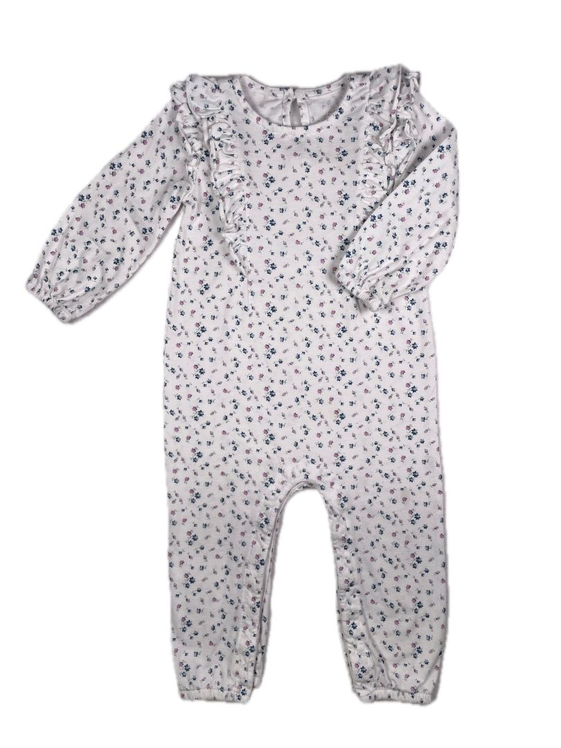 12-18 mo, babyGap, White, Long-sleeve coverall, small floral print w/ ruffles at chest, blue/purple