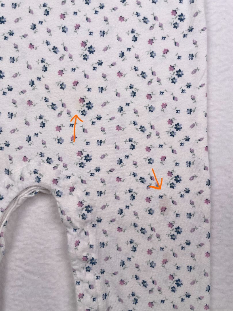 12-18 mo, babyGap, White, Long-sleeve coverall, small floral print w/ ruffles at chest, blue/purple