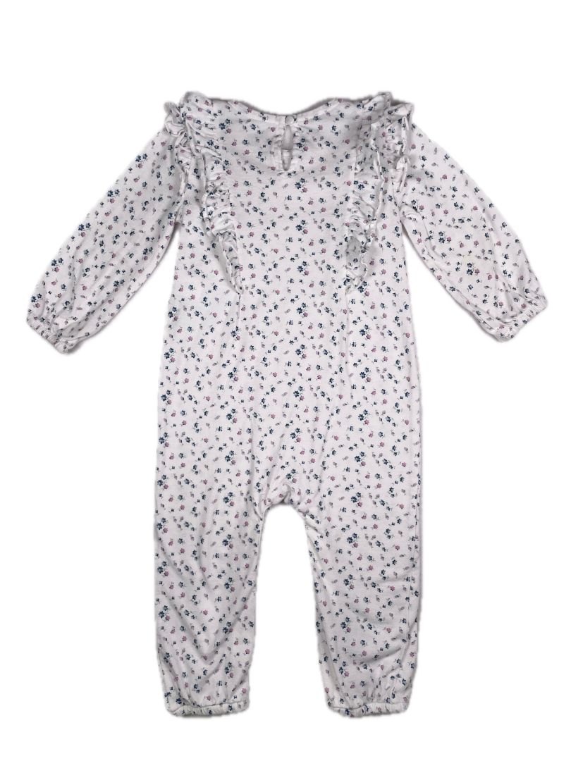 12-18 mo, babyGap, White, Long-sleeve coverall, small floral print w/ ruffles at chest, blue/purple