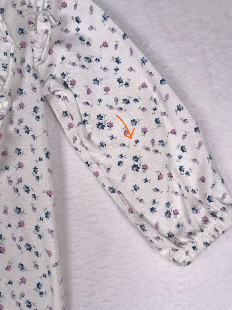 12-18 mo, babyGap, White, Long-sleeve coverall, small floral print w/ ruffles at chest, blue/purple