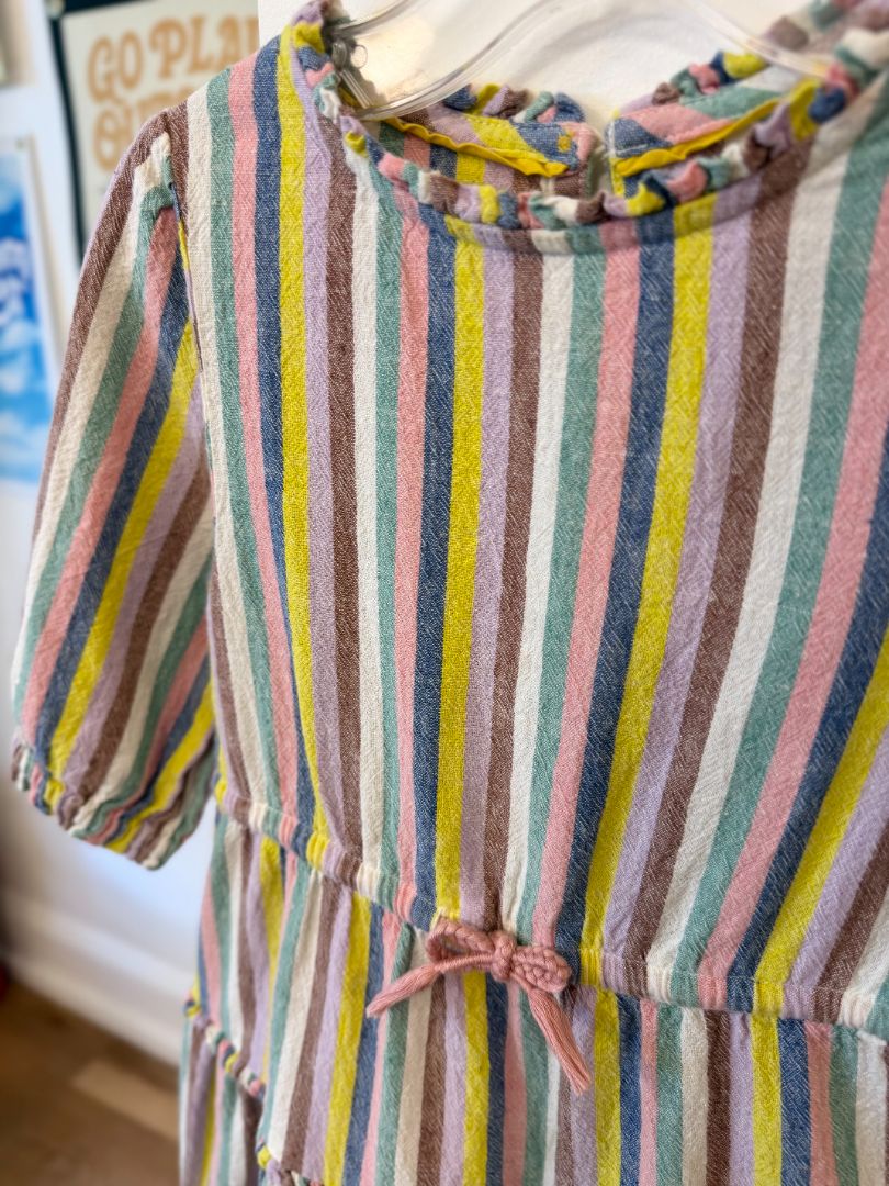 2-3, Boden, Multi, Linen mix colorful vertical striped long-sleeve tiered dress, pink tie