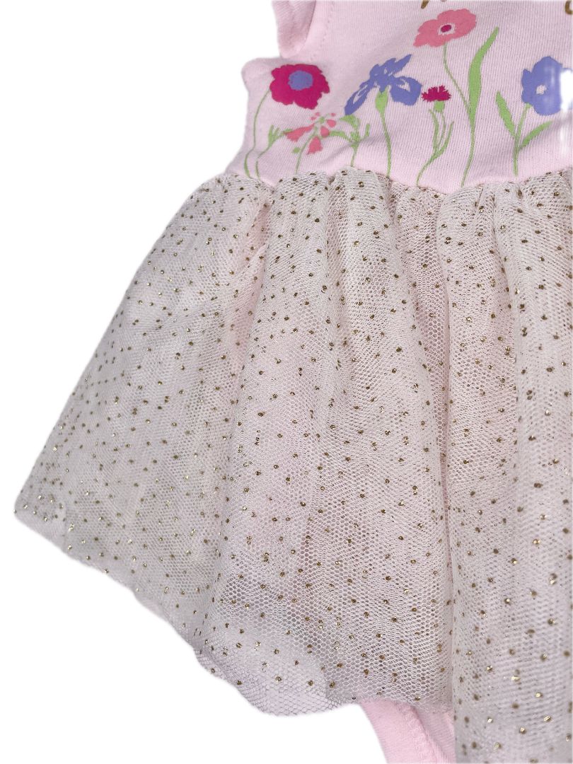 6-9 mo, Nicole Miller, Pink, "Home Grown" short-sleeve bodysuit w/ golden polka dot tulle skirt