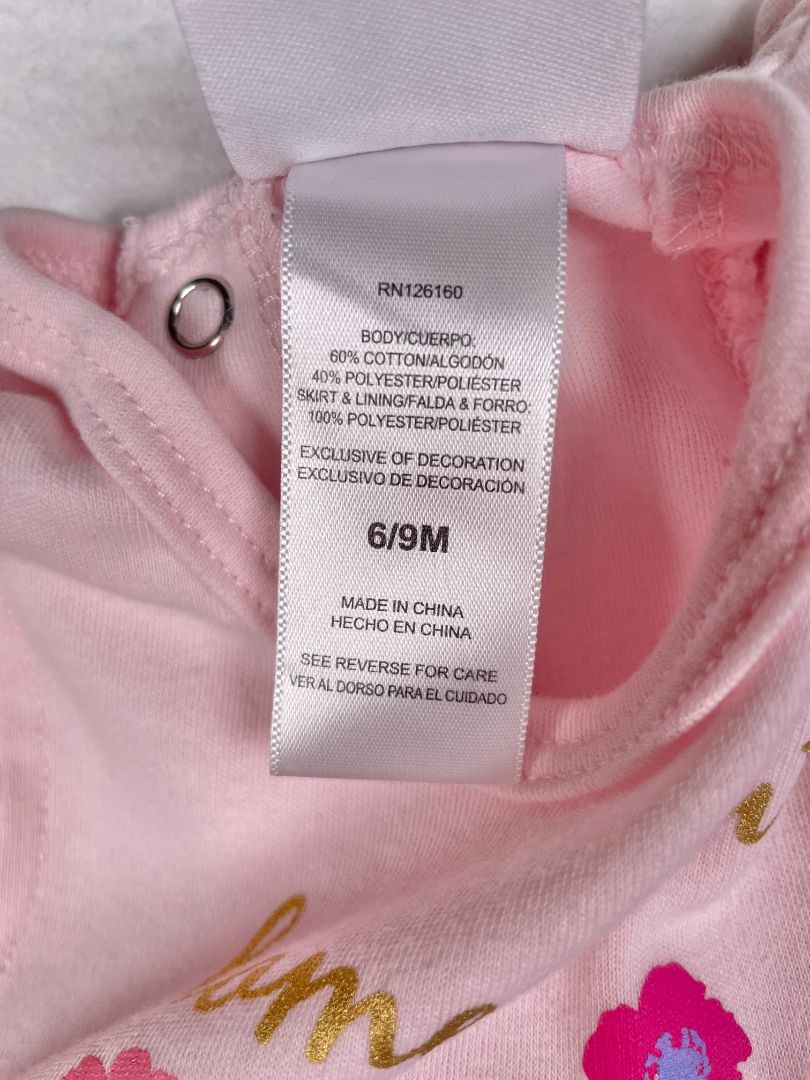 6-9 mo, Nicole Miller, Pink, "Home Grown" short-sleeve bodysuit w/ golden polka dot tulle skirt