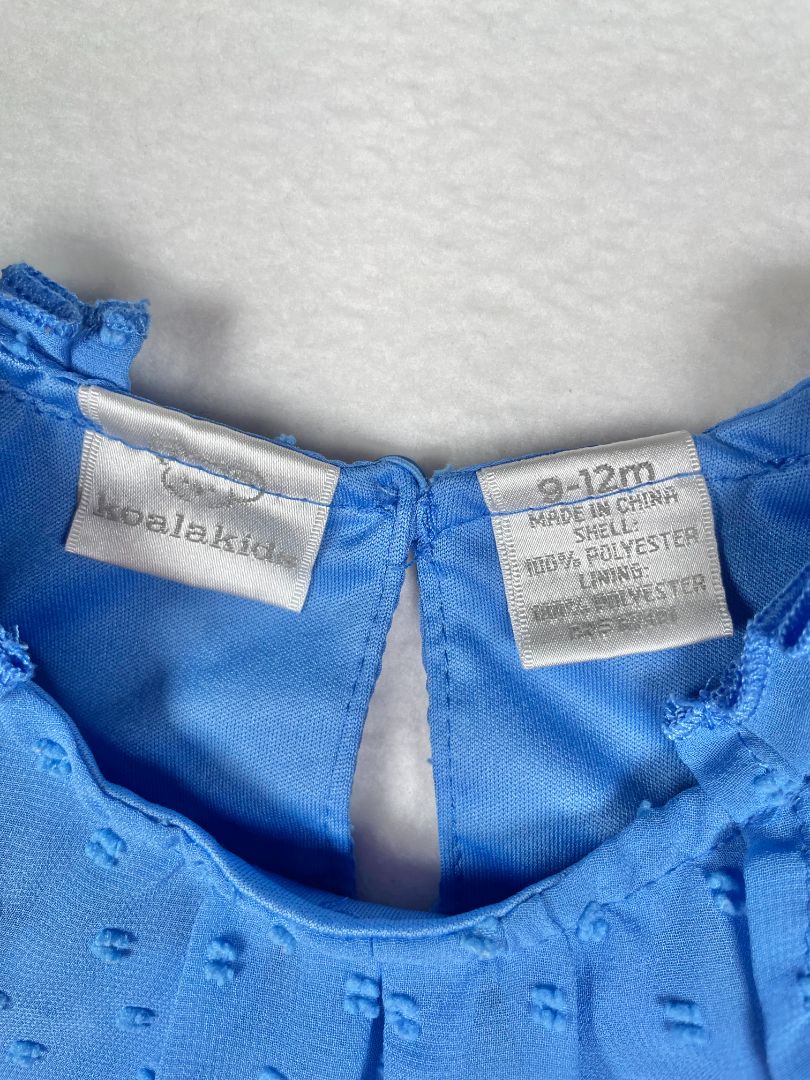 9-12 mo, Koala Kids, Blue, Sleeveless swiss dot dress, ruffles at shoulders