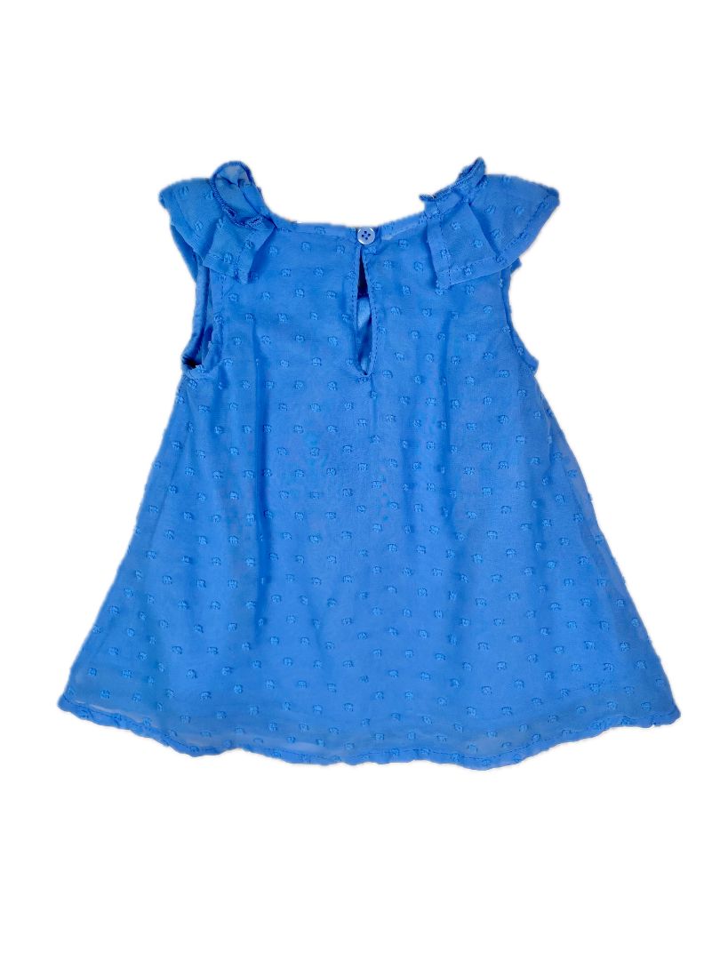 9-12 mo, Koala Kids, Blue, Sleeveless swiss dot dress, ruffles at shoulders