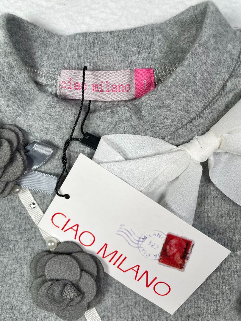12 mo, Ciao Milano, Grey, NEW w/ tags - Sweatshirt w/ bow, rosettes, faux fur purse