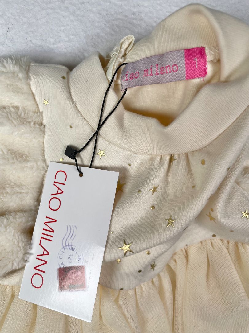 12 mo, Ciao Milano, Cream, NEW w/ tags - Gold star long-sleeve dress, tulle skirt & puff faux fur shoulders