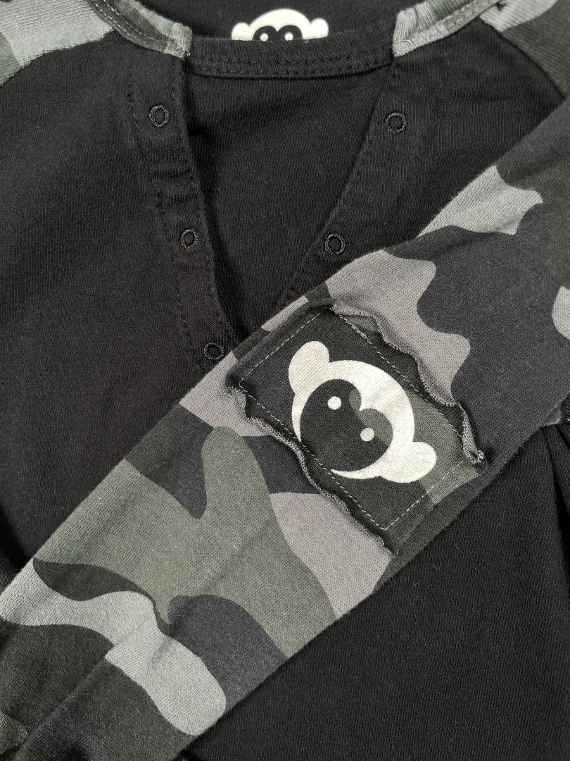 4/4T, Appaman, Black, Shirt w/ camouflage long sleeves, faux grommet v-neck