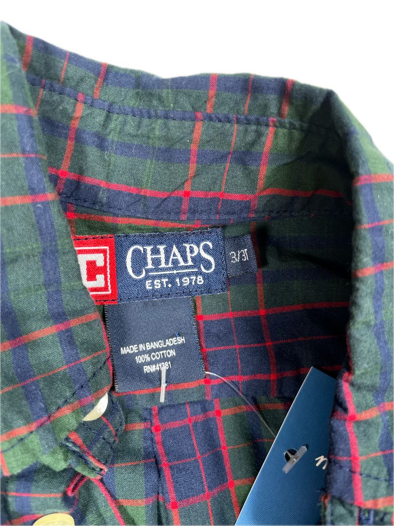 3/3T, Chaps, Blue, Green/red plaid button-up shirt
