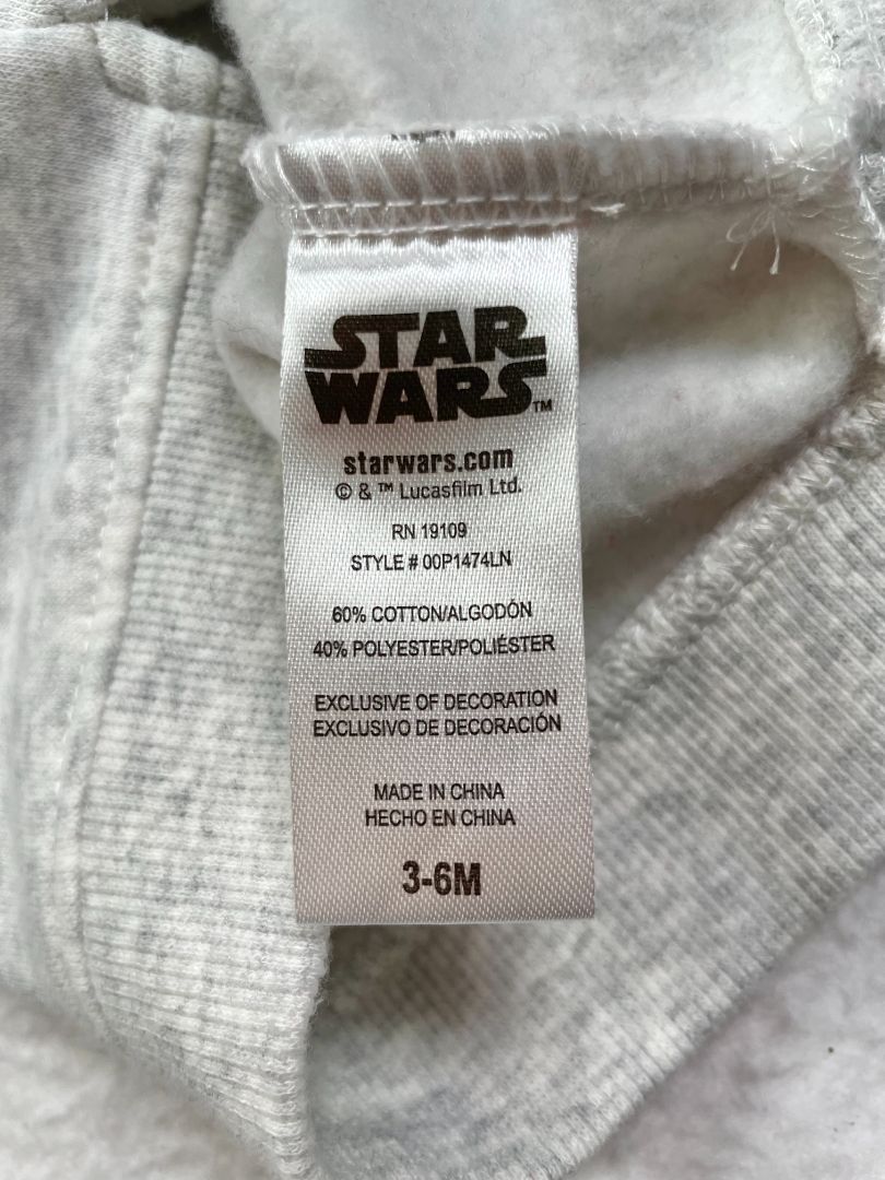 3-6 mo, Star Wars, Grey, Grogru "Cutest in the galaxy" fleece-lined sweatshirt, Baby Yoda