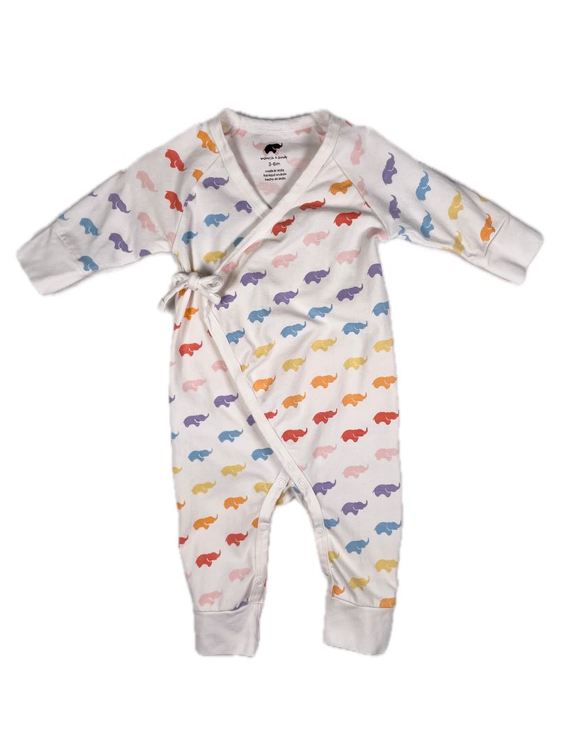 3-6 mo, Monica + Andy, White, Rainbow elephant print kimono tie one-piece, organic cotton + stretch